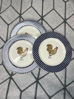 Libbey Rooster Plates Set of 10 French Country Blue Black Checkerboard Check Rim